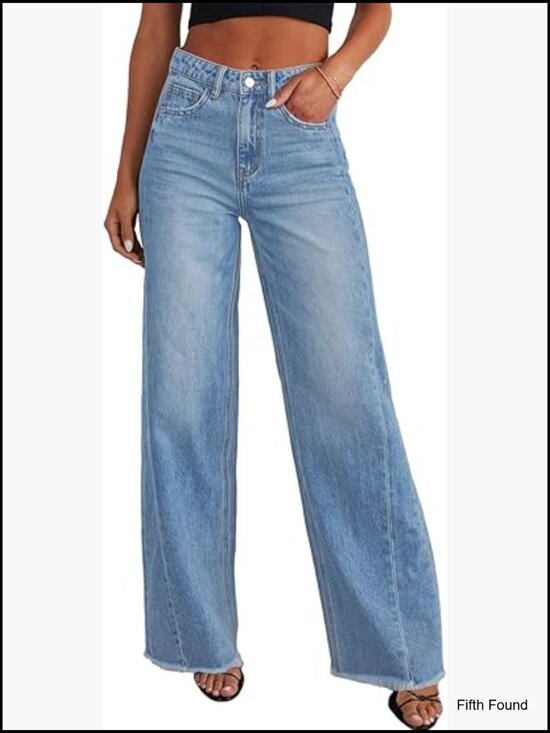 Denim - High Waisted Wide Leg Jeans Raw Hem Stretchy Denim Pants